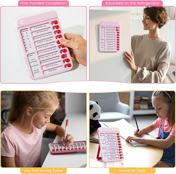 Chore Chart for Kids, Visual Schedule for Kids with Autism, Chart Board with 6 Reusable Sheets, Routine Chart Dry Erase Board for Kids, Magnetic Chore Chart for Fridge, Desk, Home - Pink