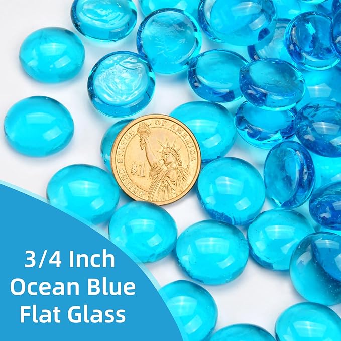 10LB Ocean Blue Flat Glass Marbles for Vases, Gemstone Beads Vase Filler Decorative Glass Pebbles for Fish Tank, DIY Crafts, Aquarium Decor Rocks
