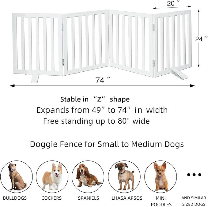 ZJSF Freestanding Indoor Dog Gate for House Foldable Wood White Puppy Gate for Doorways Pet Gate for Stairs Extra Wide Pet Fence 24" Height 4 Panels