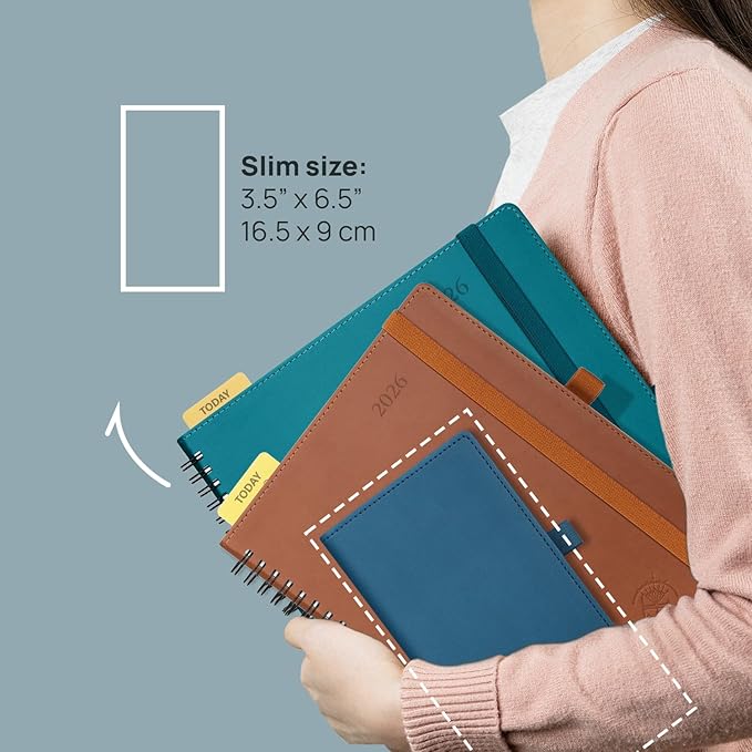 POPRUN 2026 Pocket Planner (Slim Size 3.5" x 6.5") Weekly and Monthly Calendar for Purse, with Hourly Time Slots, 100GSM Thick Paper, Spiral Soft Cover, Pen Holder - Green