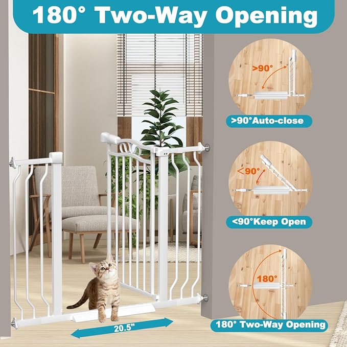 29.9-43.7 in Wide Baby Gate for Stairs Doorways, Auto Close Child Safety Gates Indoor for Dogs Pets, Pressure Mounted Metal Barrier Kids Toddler Door Walk Through, 30" Tall, White