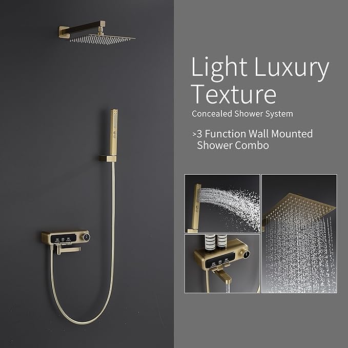 10" Square Rainfall Bathtub and Shower Trim Systems with Rotating Handheld Sprayer, Foldable Tub Spout, Wall-Mounted, Solid Brass Valve with Shampoo Platform- Brushed Gold (Square, Brushed Gold)