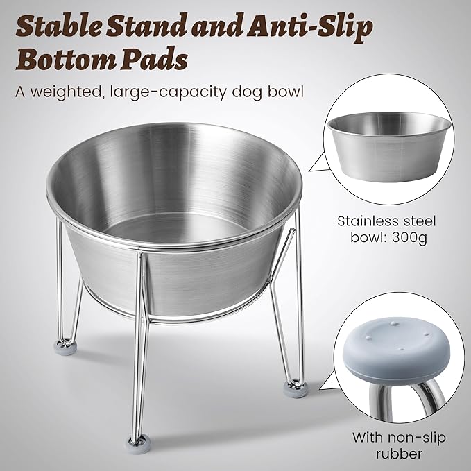 Elevated Dog Bowls for Large & Medium Dogs - Stainless Steel 64oz/8 Cup Raised Feeder with Non-Slip Base, Dual Food & Water Bowls 2-Pack