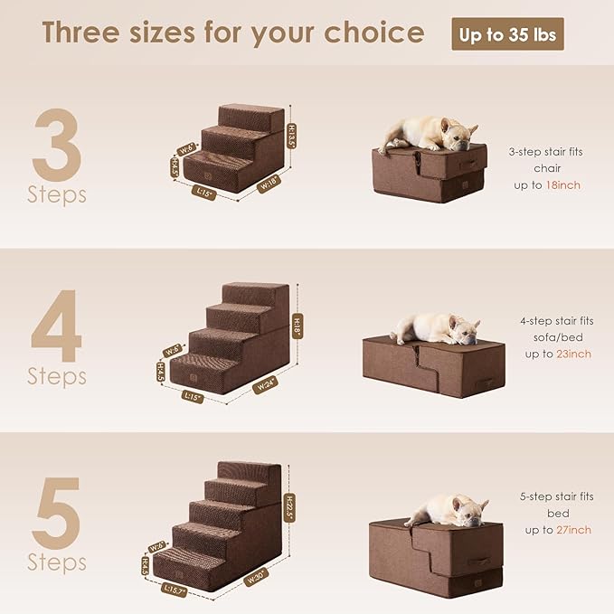 EHEYCIGA Dog Stairs for Bed 18" H, 4-Step Dog Steps for High Bed, Pet Steps for Small Dogs and Cats, Non-Slip Balanced Pet Indoor Ramp, Brown