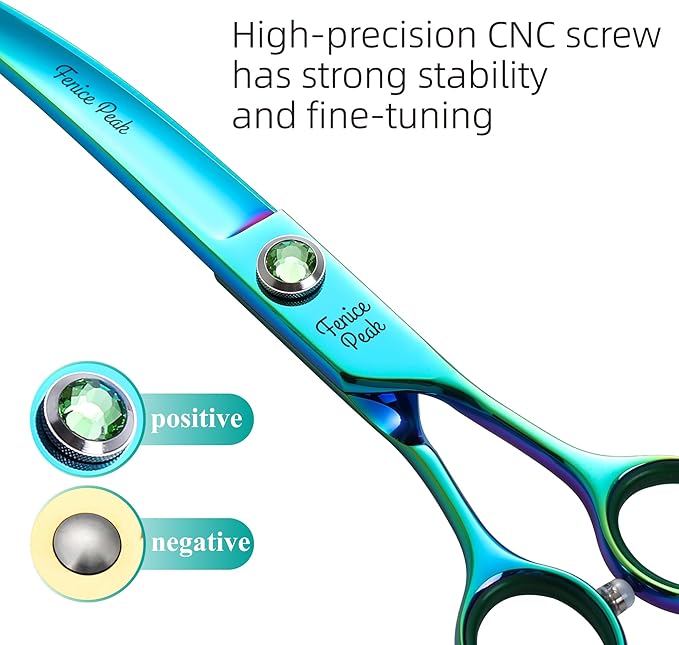 Fenice Peak 7.5'' Green Curved Dog Grooming Scissors Pet Shears with Ergonomic Offest Handle and Simulated Emerald Screw 440C Grooming Scissors Trimming Shears Durable and Sharp