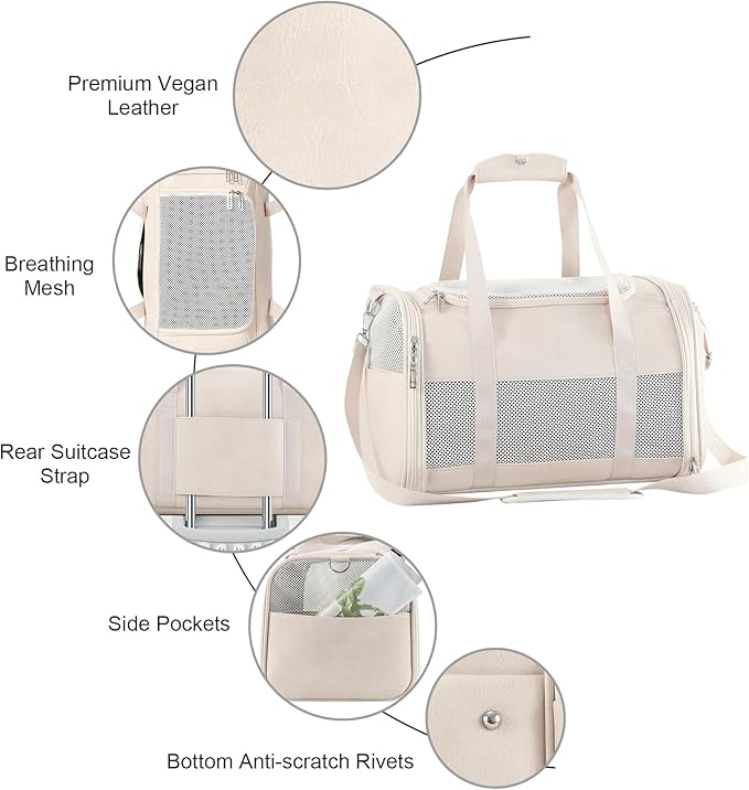 Fashion Leather Dog Carrier, Airline Approved Cat Carrier Soft Sided Pet Bag Carrier Purse for Puppy Kitten Small Animals White