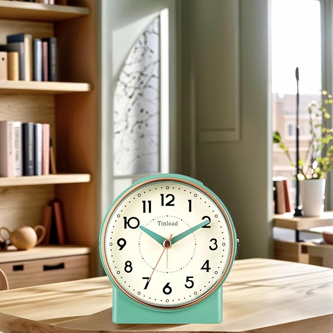 4.3" Retro Analog Alarm Clock, Vintage Decor, No Ticking Silent, Easy to Set, Gradual Rise Alarm, On/Off Switch on Side, Gentle Wake, Snooze, Lighted on Demand, Battery Operated, Retro Green