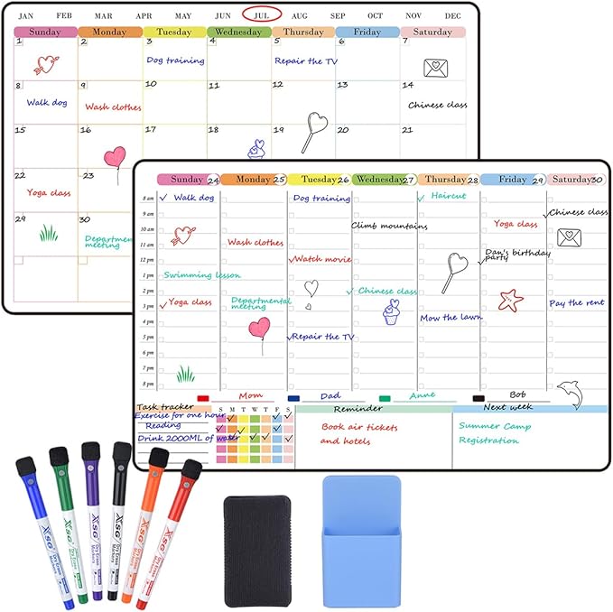 POPRUN Dry Erase Calendar weekly and monthly self adhesive stick on non-magnetic stainless fridge & Glass & Wall & wooden (any smooth surface) Schedule Board with Time Slots for Office and Family