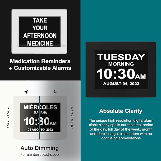 American Lifetime Large Digital Clock for Seniors, Black, 8 inch, with Day & Date, Customizable Alarms, Auto-Dimming, Multi-Language Support, Battery Backup, Easy Setup, and Gift Option