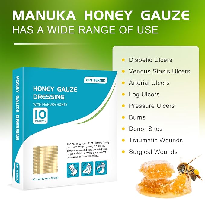 Manuka Honey Gauze Dressing 4"x4"(Pack of 10), Manuka Honey Wound Care Bandage for Cuts, Scalds and Burns, Wound Dressing Products