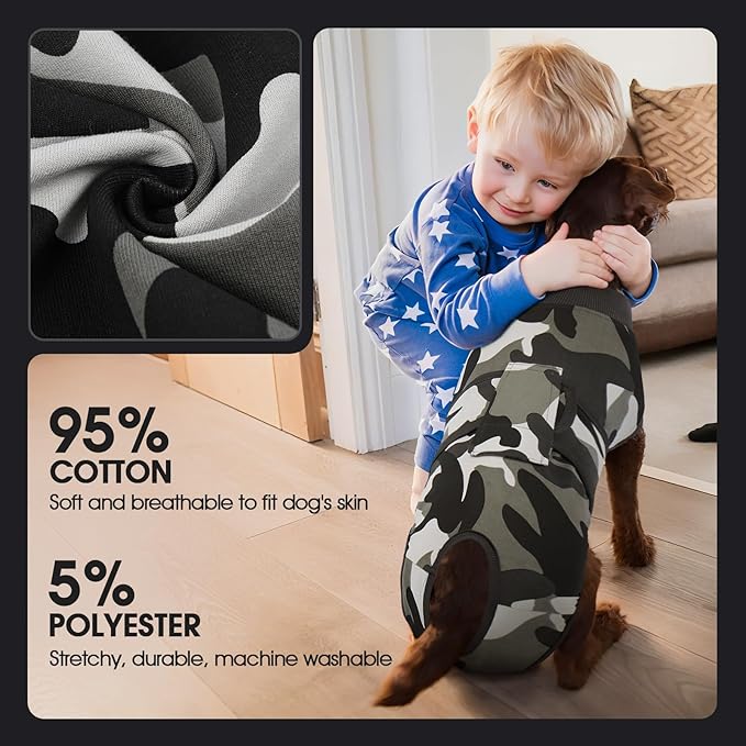 FUAMEY Dog Recovery Suit Male,Dogs Surgery Neuter Suits Puppy Spay Shirts for Female Protect Dog's Skin Anti Licking Abdominal Wounds Doggie Onesie Pet Bodysuit Alternative to Cone Grey Camouflage XXL