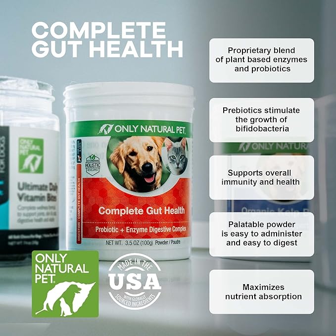 Only Natural Pet Complete Gut Health Complex - Probiotics & Digestive Enzyme Supplement for Dogs & Cats - Promotes Healthy Digestion, Immune System, Nutrient Absorption - Made in USA -3.5oz Powder