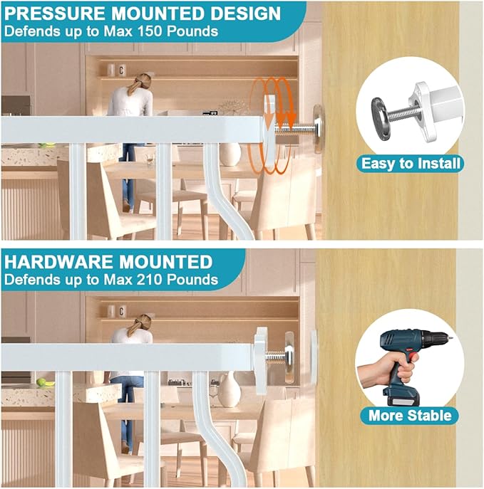 29.9-33.4 in Wide Baby Gate for Stairs Doorways, Auto Close Child Safety Gates Indoor for Dogs Pets, Pressure Mounted Metal Barrier Kids Toddler Door Walk Through, 30" Tall, White