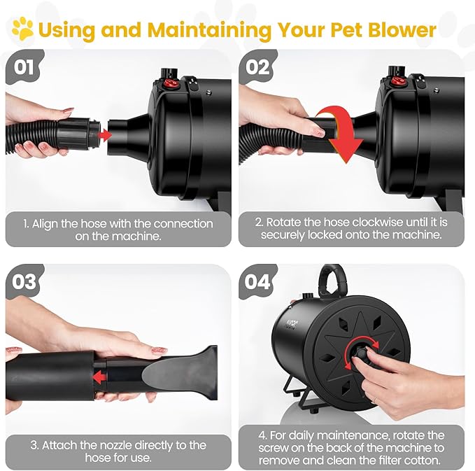 Dog Dryer, 5.2HP/3800W High Velocity Dog Hair Dryer with 4 Nozzles, Stepless Adjustable Speed & Temperature Control, Low Noise Professional Dog Grooming Dryer (Black)