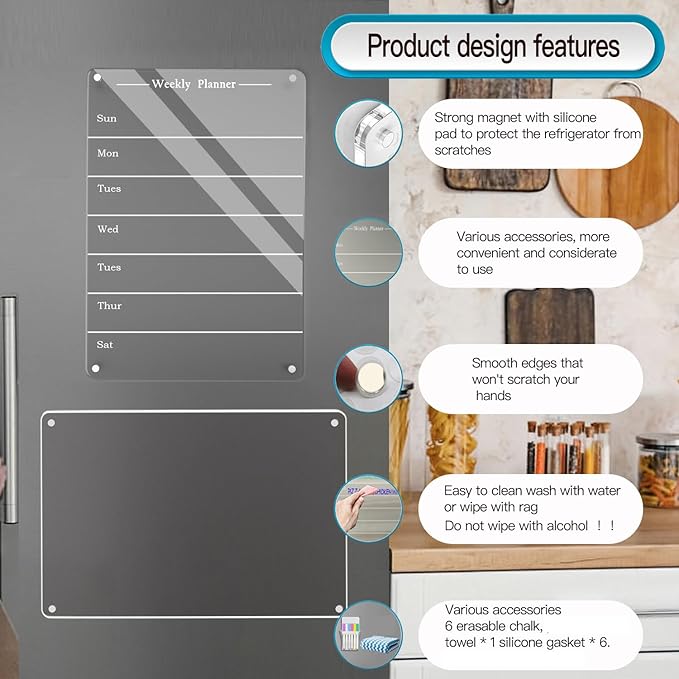 2 PCS 9"x13" Clear Weekly Meal Planner Magnetic Acrylic Board,Acrylic Magnetic Dry Erase Board for Fridge, Magnet Week Calendar for Refrigerator Includes 6 Colors Markers and Pen Container