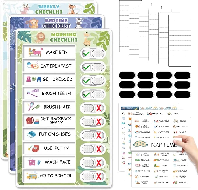3 in 1 Bedtime/Morning/Weekly Zoo Routine Chart for Kids, Magnetic Chore Chart for Toddlers, Visual Schedule for Kids Toddlers Schedule Board for Home