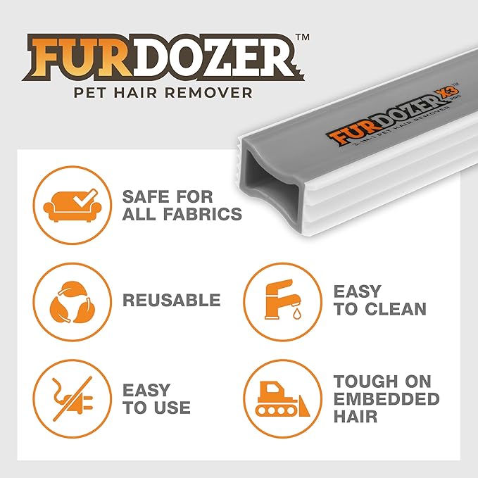FurDozer X3 MEGA Pet Hair Remover & Auto Detailing Tool - Cat & Dog Hair Remover for Carpet, Car Interior, Couch, Bedding, & Furniture - Reusable Pet Hair Removal Tool for Dog Fur & Lint, 10", Grey