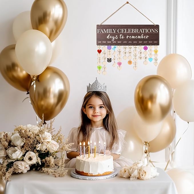 Family Birthday Calendar Board Wall Hanging with Tags, Family Birthday Plaque with Tag Wooden Memory Days Reminder Wall Hanging Home Décor Wood Anniversary Tracker with 104 Tags, Valentines Day Christmas Gifts for Lovers Friends (FAMILY CELEBRATIONS)
