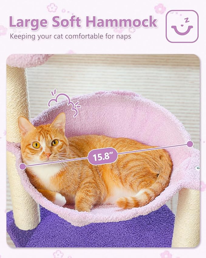 Flower Cat Scratching Post, 28" Cute Cat Tree Tower for Indoor Cats with Large Hammock Soft Perch Bed, Replaceable Toy Ball for Kittens, Purple