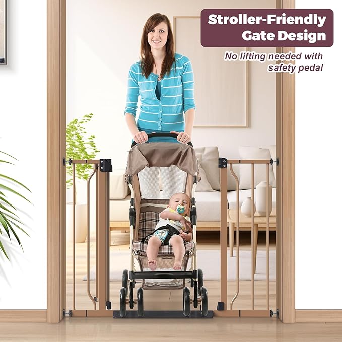 29"-40" Baby Gate for Stairs, Auto Close Stroller Friendly Dog Gate Indoor for Doorways, Pressure Mounted Baby Gate, Easy Walk Through Gate for Children & Pets, Brown