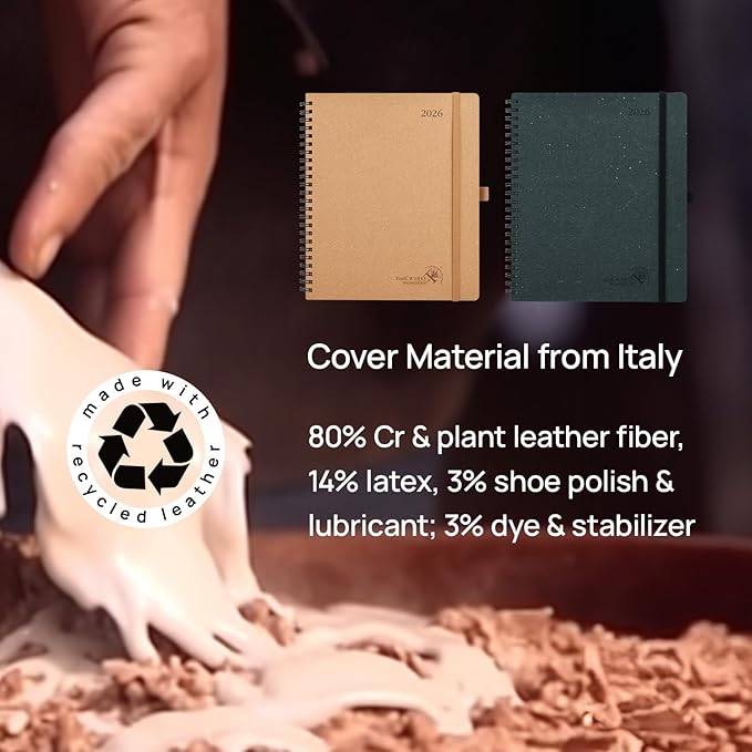 POPRUN 2026 Planner - 2026 Recycled Weekly Planner [Italian Regenrated Leather - Medium Size 8.5'' x 10.5''] - 2026 Weekly Planner with Hourly Schedule, Monthly Tabs-26-WERK7-DST - Desert Brown