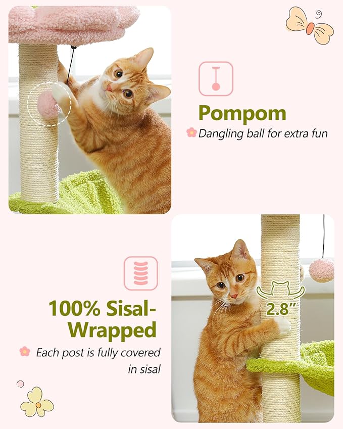 Flower Cat Tree, 28" Cat Tower with Cozy Flower Perch, Large Hammock for Indoor Small Cats, Cute Cat Tree with Sisal Scratching Post and Fur Toy Ball for Kittens, Pink