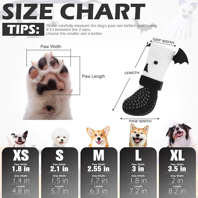 EXPAWLORER Halloween Anti Slip Dog Socks to Prevent Licking Paws, Boots & Paw Protectors with Grippers,Doggie Booties for Hardwood Floors for Small Medium Large Senior Dogs Costume White Ghost Wings M