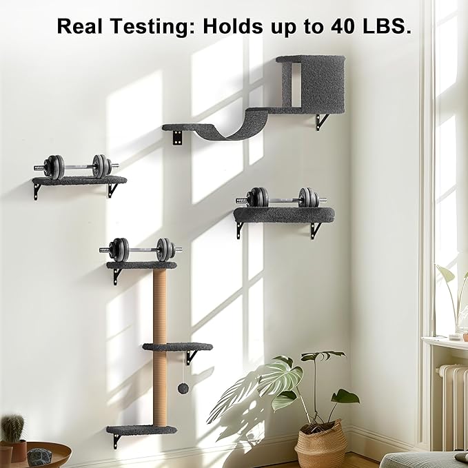 FUKUMARU Cat Wall Shelves, Stable & Safe 4 in 1 Cat Furniture Set, Wooden Climbing Wall with Scratching Post for 16 Inch Drywall - Gray