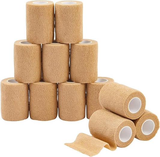 12-Rolls Self Adherent Bandage Wrap, Vet Tape - 3 in x 5 Yds Breathable, Elastic Cohesive Wrap Tape for Wrist, Swelling, Sports, Tattoo (Tan)