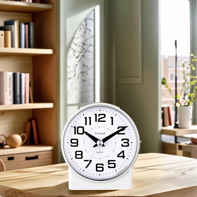 4.3" No Ticking Analog Alarm Clock,Silent Readable for Seniors,Easy to Set,Gradual Rise Alarm,Big Numbers,On/Off Switch on Side,Gentle Wake,Snooze,Lighted on Demand,Battery Operated,White
