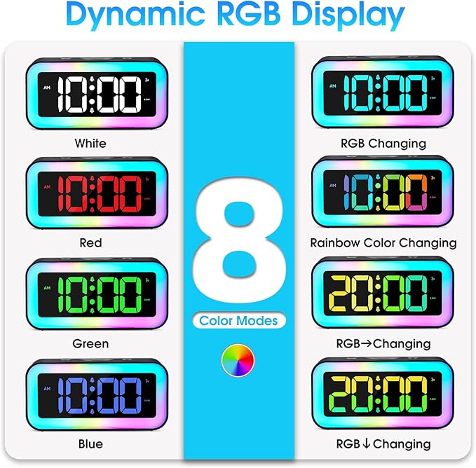 Cadmos Loud Alarm Clock for Bedrooms with Dynamic RGB Night Light,Heavy Sleepers Adults,Dual Alarm,Dimmer,USB Charger,Small Bedside Digital Clock with Led Display for Kids,Teens,Seniors (Black)