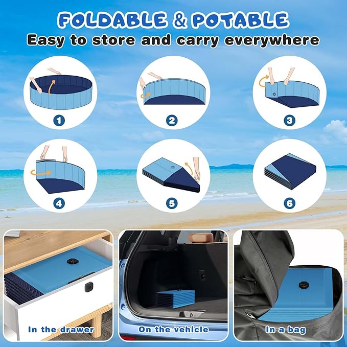 Foldable Dog Swimming Pool, Totiro 91"x16" Oversize Collapsable Hard Plastic Portable Bathing Tub for Pet Dog Kiddie Pool Indoor and Outdoor Leakproof PVC Play Pool for Large Dogs Pets Puppy Kids Blue