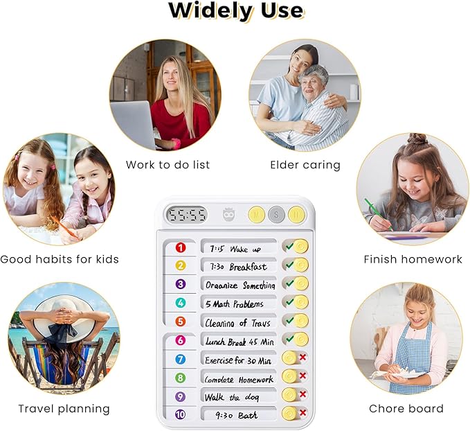 Chore Chart for Kids with Timer, Visual Schedule for Kids, ADHD Tools for Kids, Bedtime/Morning/Daily Routine Chart with 99-Min Countup/Down, Magnetic Checklist Schedule Board with Slider - White