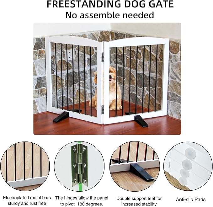 Freestanding Panel Gate for Indoor Doorways, Stairs, or Hallways, Foldable Wooden Gate for Dogs, Support Feet Included, 24" Height - 2 Panels, White