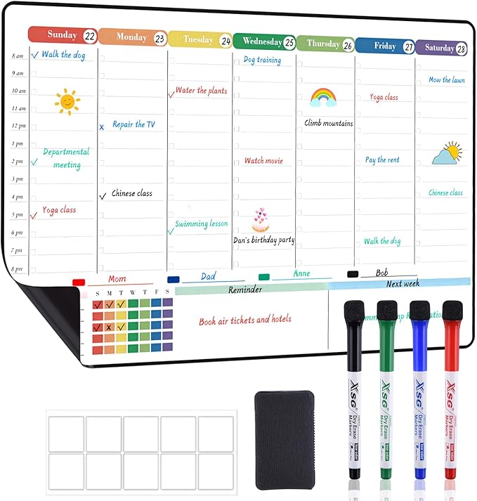 POPRUN Dry Erase Board Magnetic Weekly Calendar Whiteboard for Fridge, 16.5"x11"Schedule Board for Kids, Weekly Planner Whiteboard with Hourly Time Slots Perfect as Planner Board for School and Family