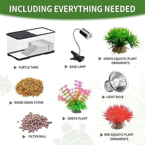 (Tank + Light + Filter Balls) Turtle Tank Kit, Turtle Tank Starter Kit,Bottom Drainage, Multi-Function Areas for Turtles, Crabs,Fishes, Amphibians,Reptiles.(11.81 × 7.88 × 7.88 Inch)