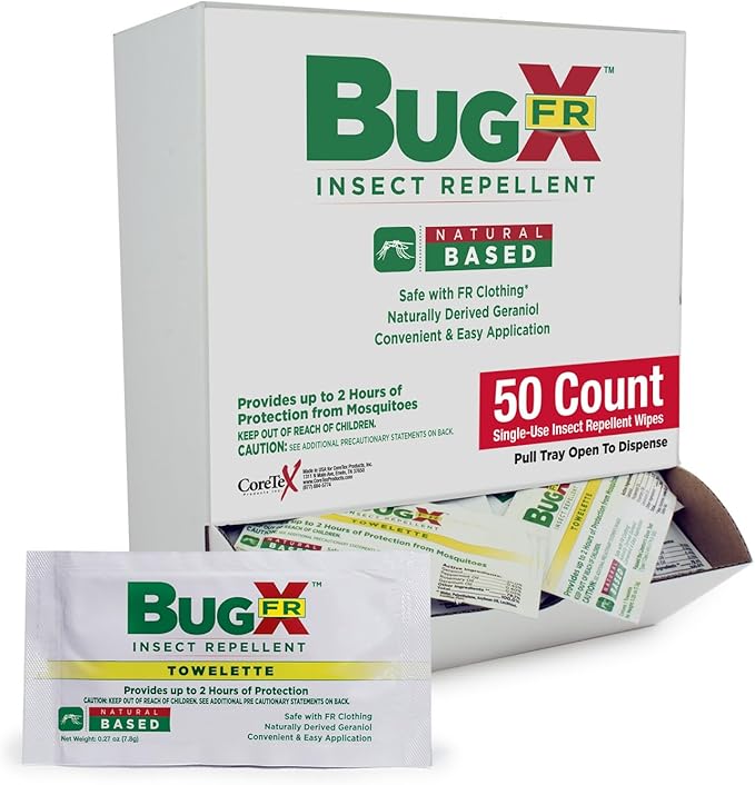 CoreTex Bug X FR DEET-Free Insect Repellent Wipes - Pack of 50 Single-Use, Naturally Derived Geranium Oil Bug Wipes - Protects Against Flies, Fleas & Mosquitoes - Travel Mosquito Repellent Towelettes