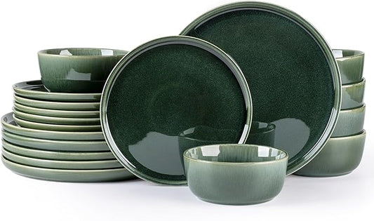 GBHOME Ceramic Dinnerware Sets for 6, 18 Pieces Stoneware Plates and Bowls Sets, Reactive Glaze Dishes -Scratch Resistant, Dishwasher&Microwave Safe, Earth Green
