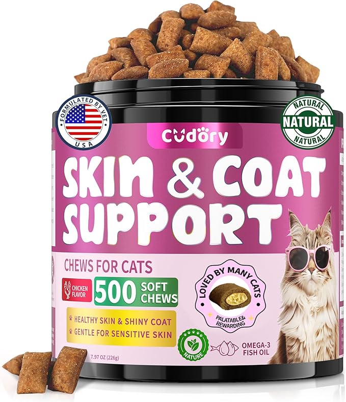 Natural Skin and Coat Support for Cats - Crunchy & Creamy Chews with Omega 3, Biotin & Vitamin E for Healthy Skin, Shiny Fur, Cat Supplements & Vitamins -Chicken（500 Chews