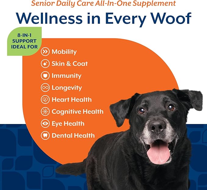 NaturVet All-in-One Senior Dog Daily Care Supplement, 8-in-1 Support Dog Soft Chews for Mobility, Skin, Heart, Teeth, Cognition, Eyes, Hickory Smoked Bacon Flavored Pet Supplement for Dogs, 60 Count