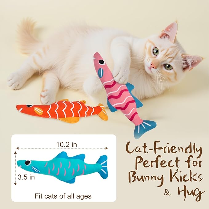 EXPAWLORER Catnip Cat Toys Fish,4 Pcs Durable Cat Kicker Toy with Natural Catnip Cotton,Interactive Bite Resistant Soft Pillow Filled for Indoor Cats Kitten Playing,Drives Bored Cats Crazy with Fun