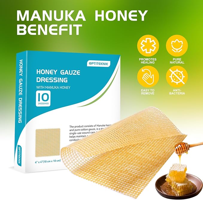 Manuka Honey Gauze Dressing 4"x4"(Pack of 10), Manuka Honey Wound Care Bandage for Cuts, Scalds and Burns, Wound Dressing Products