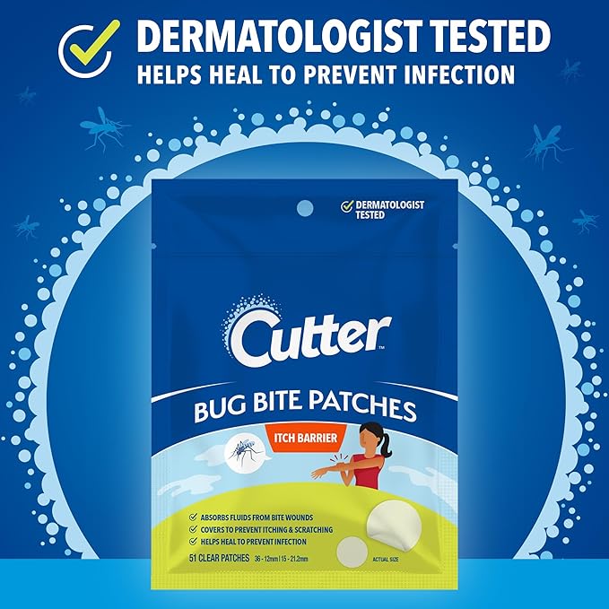 Cutter Bug Bite Patches Itch Relief Hydrocolloid Patches for Kids & Adults, Absorbs Fluids, Helps Heal, Prevents Scratching, Mosquito Itch Relief, Hydrocortisone & Suction Tool Alternative, 51 Count