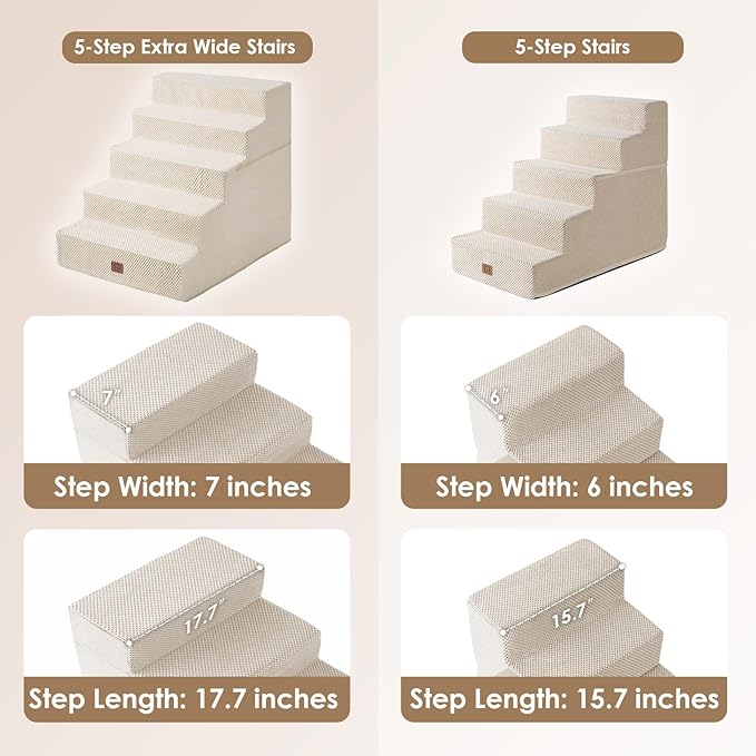 EHEYCIGA Dog Stairs for High Bed 25" H, 5-Step Extra Wide Dog Steps for Bed, Pet Steps for Small Dogs and Cats, Non-Slip Balanced Pet Ramp Indoor, Beige