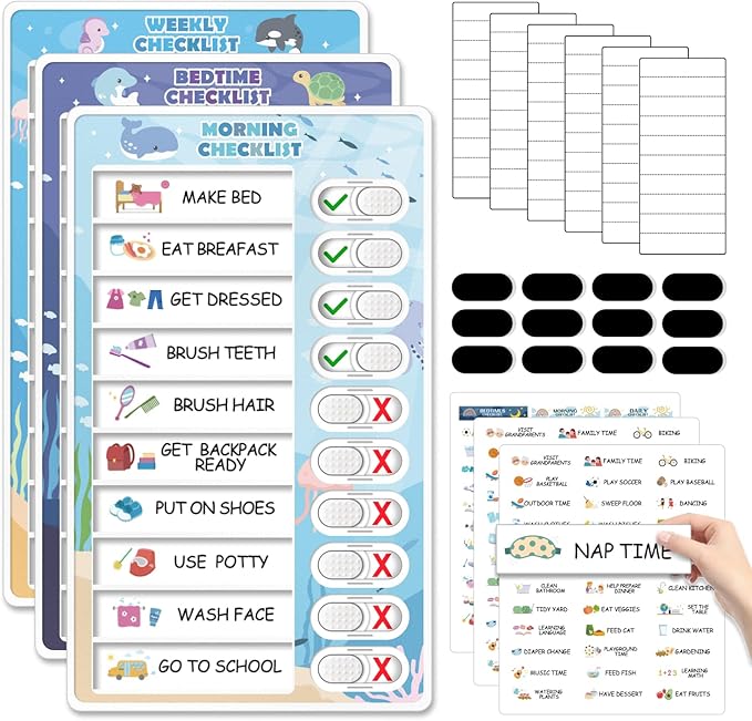 3 in 1 Bedtime/Morning/Weekly Routine Chart for Kids, Magnetic Chore Chart for Toddlers, Visual Schedule for Kids Toddlers Schedule Board for Home