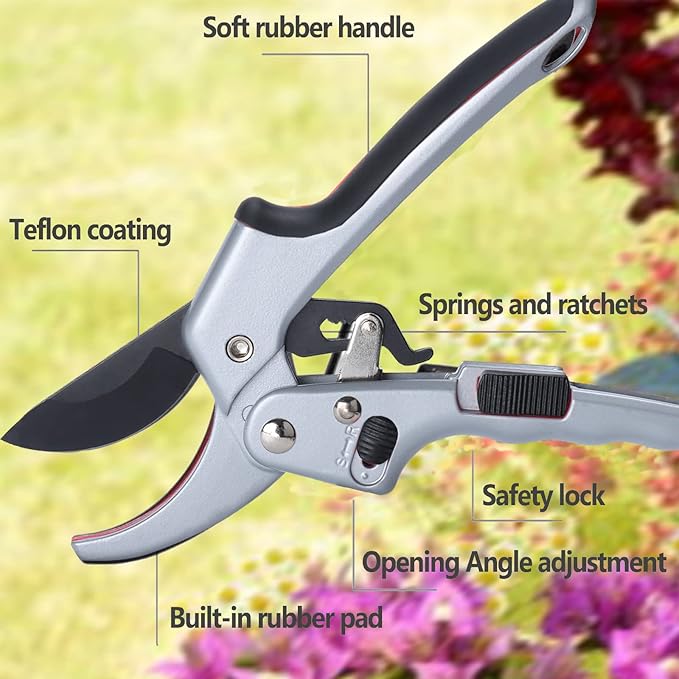 Garden clippers, premium Germany pruners, Work 3 times easier, professional ratchet pruning shears, cutting rose, flower, hedge, stem, tree, Sharp gardening scissors, Arthritis weak hand snips