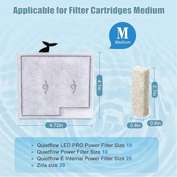 12 Pack Medium Filter Cartridges+ 8 Pack Ammonia Reducer Filter Pads Compatible with Aqueon QuietFlow LED PRO Power Filter Size 10 & E Internal Power Size 20 & Zilla Size 20