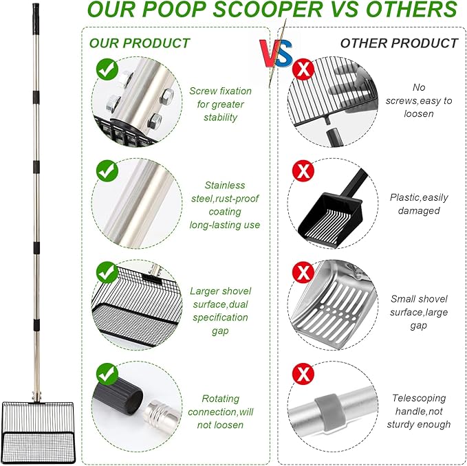 10inch Large Metal Chicken Poop Scooper, 36" to 75" Long Chicken Coop Litter Scoop with Stainless Steel Adjustable Handle, 4 in 1 Detachable Litter Sifting Shovel Scoop for Chicken Coop Accessories