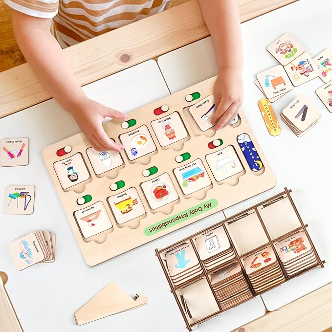 Dreamon Wooden Visual Schedule for Kids Chore Chart, Morning Bedtime Routine Charts for Kids Toddlers, autism learning materials&Daily Schedule Board for home