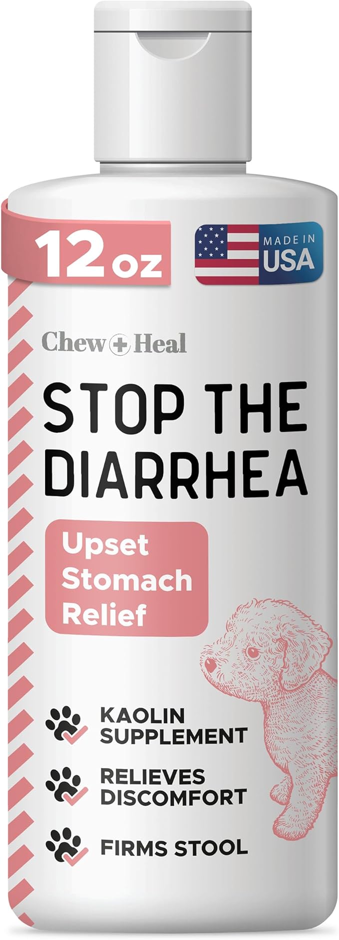 Chew + Heal Labs Anti Diarrhea for Dogs - 12 oz. of Stop The Diarrhea Liquid Supplement with Kaolin for Upset Stomach Relief - Made in The USA